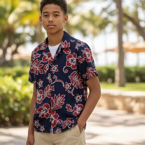 VINTAGE ALOHAWEARS Hawaiian Shirt Boys Size 12 Short Sleeve Button Down Surfer